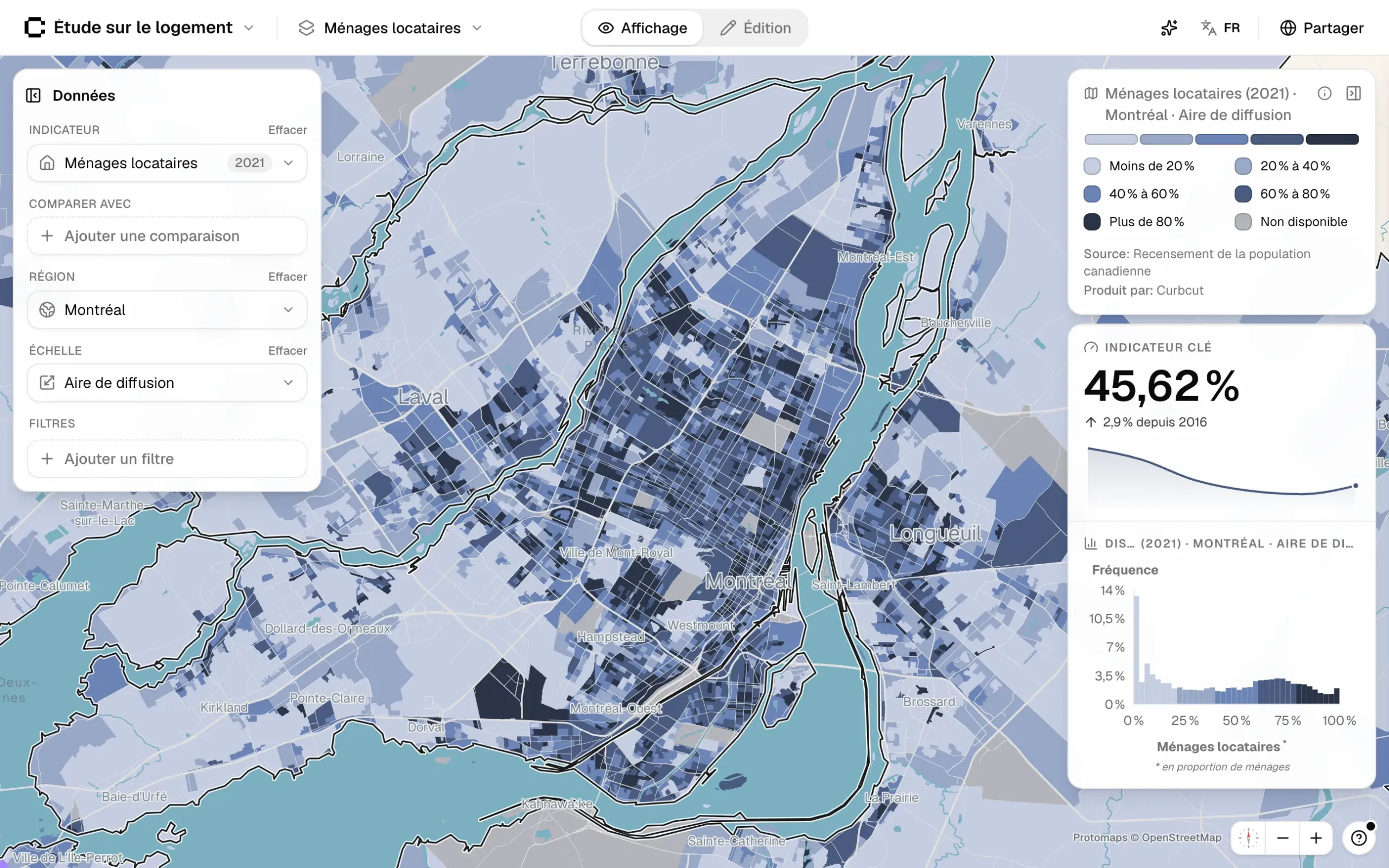 Un projet Curbcut Studio cartographiant les ménages locataires à Montréal